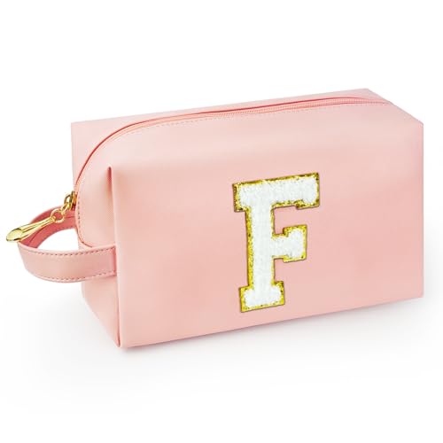 Personalized Initial Makeup Bag with Handle, Preppy Cosmetic Bag with Inner Zipper Pocket, 8 9 10 11 12 13 14 Years Old Girl, Graduation Gifts for Teen Girls Women Teachers (F, Pink) - color: Pink, style: F