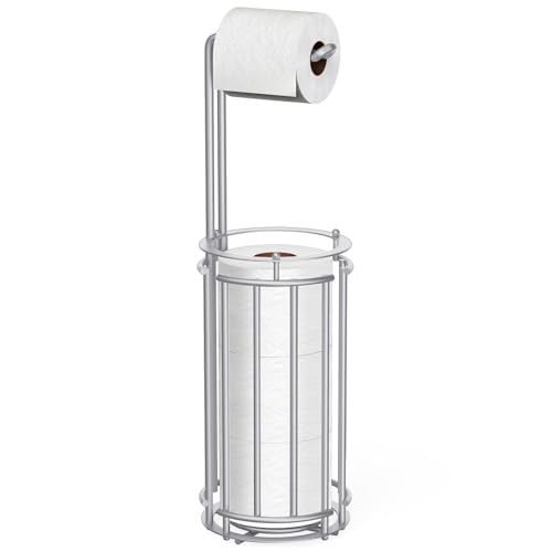 Meangood Toilet Paper Holder Stand and Tissue Paper Roll Dispenser for 4 Mega Rolls, Bathroom Free Standing Tissue Roll Storage Holder Rack, Detachable (Matte Silver) - color: Matte Silver
