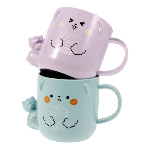 Solustre Cartoon Bathroom Cups for Kids 2-Pack Plastic Toothbrush Holders Reusable Kids Water Mugs with 3D Bear Design