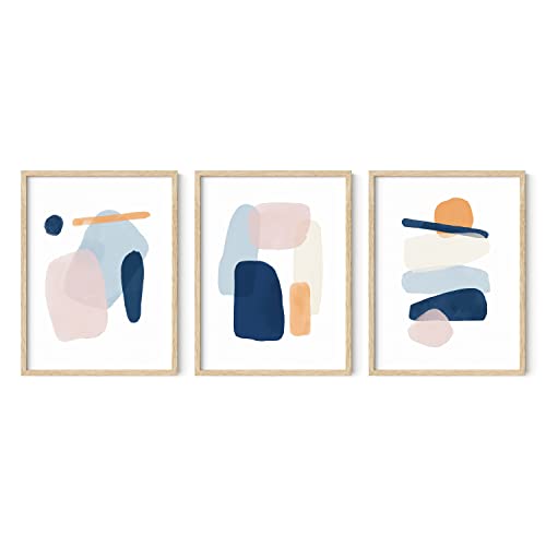 HAUS AND HUES Abstract Art Wall Decor - Set of 3 Abstract Wall Art for Living Room, Blue Posters Geometric Wall Art Abstract, Room Posters Aesthetic Colorful Wall Art (Beige Frame, 12x16) - color: Painted Pastel, size: 12"L x 16"W, style: Beige Framed