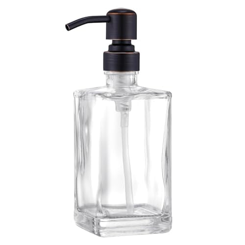 13.5 Oz Clear Glass Soap Dispenser with Rust Proof Stainless Steel Pump, Antique Design Refillable Square Lotion Dispenser for Bathroom, Premium Kitchen Hand Soap (Oil Rubbed Bronze) - color: Oil Rubbed Bronze