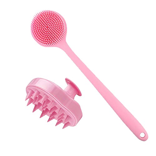 Silicone Body Scrubber & Scalp Massager, Long Handle Shower Brush, Exfoliating Scrubber for Men, Women & Kids - color: Pink