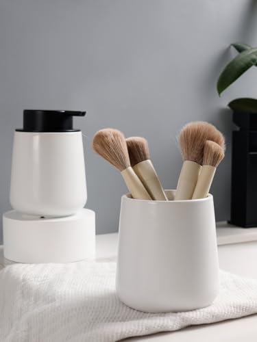 Bosilunlife Soap and Toothbrush Holder Set - Ceramic Bathroom Accessories Set White Liquid Hand Soap Dispenser Set for Bathroom Toothbrush Holder and Soap Dispenser Set - color: White-rounded Base Liquid Pump & Toothbrush Holder