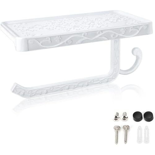 Vintage Toilet Paper Holder Wall Mount Toilet Roll Holder with Shelf and Hook Bronze Antique Bathroom Accessories Toilet Tissue Roll Holder Hanger Aluminum Material (White) - color: White