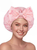 ramede Large Satin Lined Shower Cap for Women Reusable Waterproof Double Layer Bath Cap with Cute Pink Bow Large Washable Bath Caps with Soft Elastic Band Protect Long Hair Braids Locs - style: Pink Bow