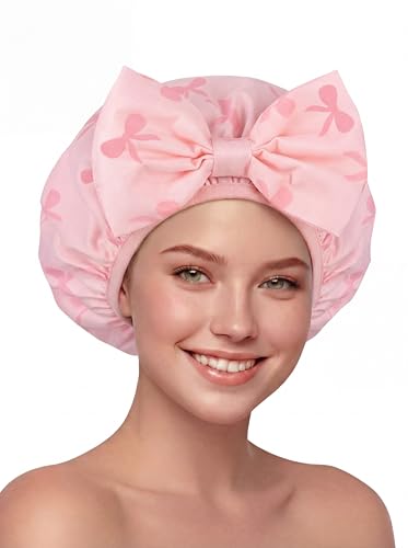 ramede Large Satin Lined Shower Cap for Women Reusable Waterproof Double Layer Bath Cap with Cute Pink Bow Large Washable Bath Caps with Soft Elastic Band Protect Long Hair Braids Locs - style: Pink Bow