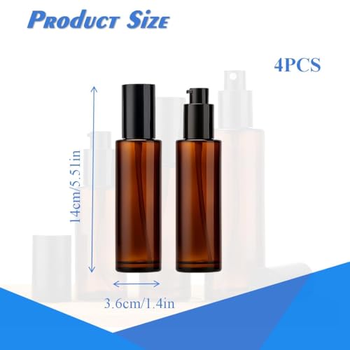 4Pcs 60ml Amber Lotion Pump Bottle Refillable Empty Glass Bottle Travel Size Cosmetic Containers for Liquid Soap, Shampoo, Conditioner, Serum