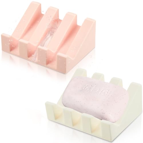 Cunhill 2 Pieces Silicone Soap Dish Self Draining Soap Dish Shower Waterfall Bar Soap Holder Tray with Drain Soap Saver for Kitchen Bathroom Accessories (Light Pink,Bright White) - color: Light Pink, Bright White