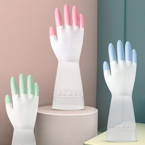Waterproof Anti-slip Cleaning Gloves 3 Pairs Set, Kitchen and Toilet Household Gloves, Medium Size, Pink Green Blue, Reusable Housework Accessories