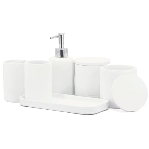 ZCCZ White Bathroom Accessories Set 6 Pieces - Toothbrush Holder, Lotion Dispenser, Qtip Container, Vanity Tray, Tumbler - Countertop Organizer for Bathrooms - Elegant and Functional Décor Set - color: White, size: 6pcs