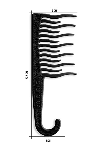 XO Curls Shower detangling hair comb, Wide tooth comb, Comb with hook for easy hanging in shower, Gentle on Scalp, Hair comb for with curly & wavy hair - color: Black