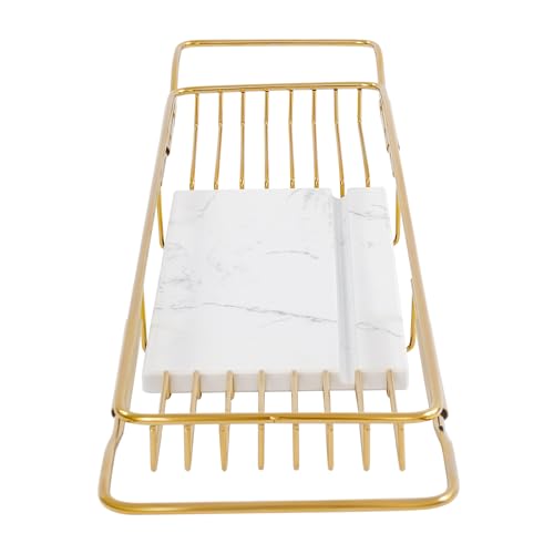 Expandable Bathtub Tray, 26.7-35.4 Inches Stainless Steel Bath Caddy Tray with Marble Base Adjustable Luxury Bath Trays for Tub Scented Candle Wine Glass Books (Gold+White) - color: Gold+white