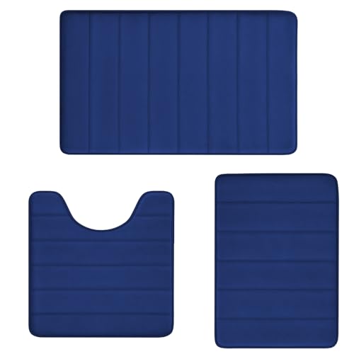RUN HELIX Memory Foam Bath Mat Rug Set 3 Piece, Ultra Soft Non Slip and Absorbent Bathroom Rug, Machine Wash Dry, Comfortable, Thick Bath Rug Carpet for Bathroom Floor, Tub and Shower, Navy - color: Royal Blue-stripe