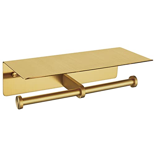 APLusee Brushed Gold Double Toilet Paper Holder with Shelf, Heavy Duty 304 Stainless Steel Tissue Roll Holder, Commercial Paper Dispenser Wall Mounted - color: Brushed Gold, size: Double Rod