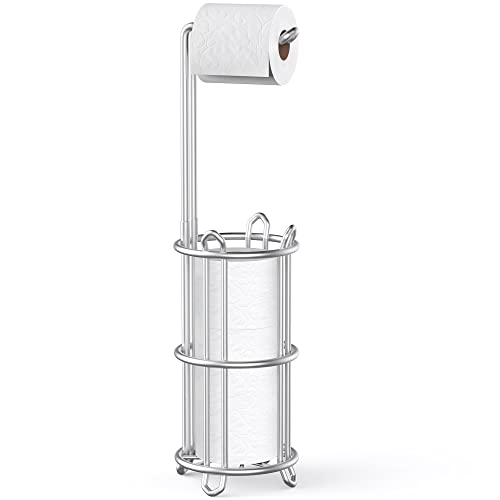 Meangood Toilet Paper Holder Stand and Tissue Paper Roll Dispenser for 4 Mega Rolls, Bathroom Free Standing Tissue Roll Storage Holder Rack, Metal Wire Silver - color: Silver