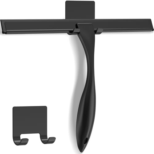 All-Purpose Stainless Steel Shower Squeegee for Shower Glass Door with Adhesive Hook, Bathroom Cleaner Tool Household Window Mirror Squeegee for Glass Doors, Cleaning Tile Wall, Car, 12 inch, Black - size: 12-inch