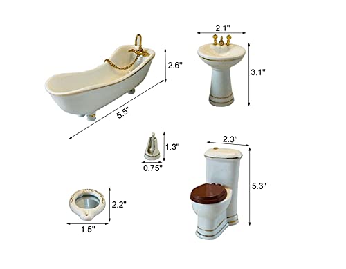 Dollhouse Bathroom Set 5PCS Miniature Porcelain Furniture 1/12 Victorian Dollhouse Furniture White Ceramic Toilet Bathtub Washbasins Decoration Accessory (Golden) - style: Golden