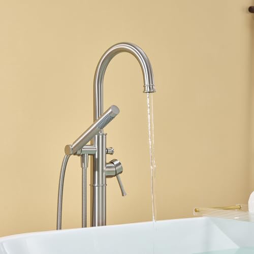 Wowkk Free Standing Tub Faucet Brushed Nickel Freestanding Bathtub Faucet Floor Mount Brass Bathroom Tub Filler with Hand Shower - color: Brushed Nickel, style: Modern