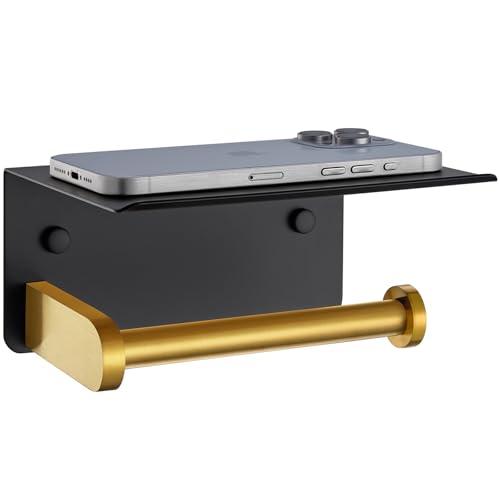 APLusee Black Gold Toilet Paper Holder with Phone Shelf, 304 Stainless Steel Bathroom Paper Holder Wall Mounted, Heavy Duty Tissue Roll Dispenser - color: Black Gold, size: Single Rod