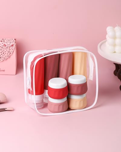 Mrsdry Travel Size Toiletries 8 Pack, TSA Approved 3oz/1oz Silicone Refillable Containers with Clear Travel Bag - color: Cherry Red, size: 3oz bottle 1oz jar