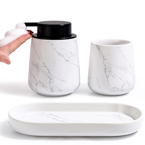 BosilunLife Ceramic Bathroom Accessories Set 3 Pcs, Foaming Soap Dispenser and Toothbrush Holder with Tray, Modern Farmhouse Vanity Decor, Narble Pattern Housewarming Gift - color: Marble, style: Foam