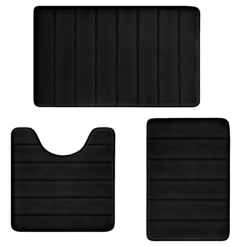 Bathroom Rugs Set Memory Foam Bath Rugs Non-Slip Bath Mat Set 3 Piece,Washable Bathroom Mats,Absorbent Shaggy Rugs Super Soft U-Shaped Toilet Rug,Bahroom Carpets for Bathroom,Tub,Shower（Black） - color: Black