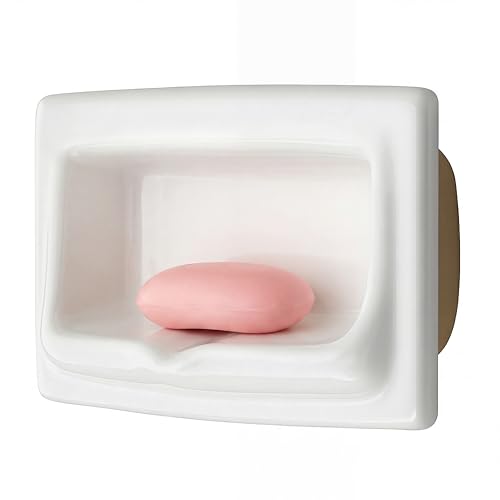 1 Pcs 9.8 x 6.5 White Vintage Recessed Ceramic Soap Dish for Shower Wall, Space-Saving, Large Retro Ceramic Soap Holder, Self-draining Built-in Holder for Bathroom & Laundry Keep Dish Dry - style: Recessed
