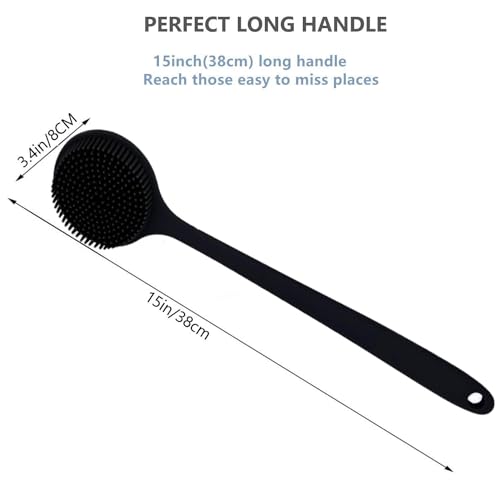 Long Handle Silicone Body Scrubber for Shower, Dual-Sided Back Scrubber Brush with Soft Bristles&Massage Nodes, Exfoliating Bath Brush for Hard to Reach Areas, Easy to Clean & Quick Dry, for Daily Use - color: Black
