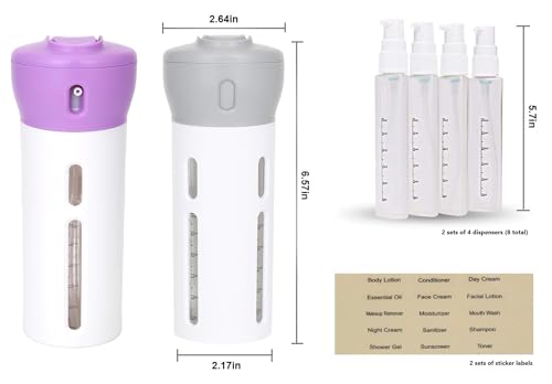 Travigo 4-in-1 Travel Dispenser Bottle Set, TSA Approved, Leak Proof, Reusable 1.4 oz. (40 mL) Toiletry Containers for Shampoo, Conditioner, Soap, Lotion, Skincare (2 Pack, Purple & Gray) - color: 2 Pack (Gray Purple)