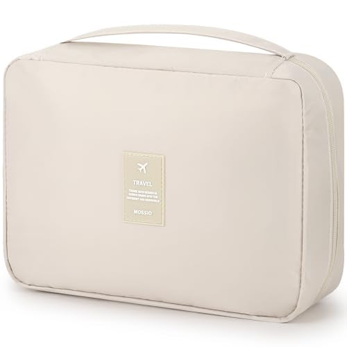 Mossio Hanging Toiletry Bag with Sturdy Hook - Large Portable Cosmetic Makeup Travel Organizer for Men & Women - color: Beige