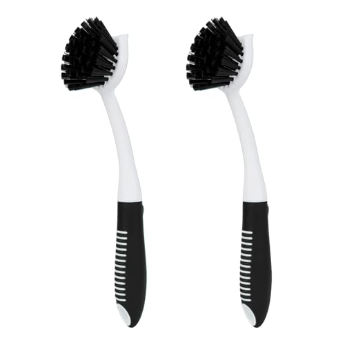 Dish Brush with Handle, 2 Pack Scrub Brushes with Built-in Scraper for Cleaning Kitchen, Pots, Pans and Sink, Scrubber Washing Tools, Black - color: Black