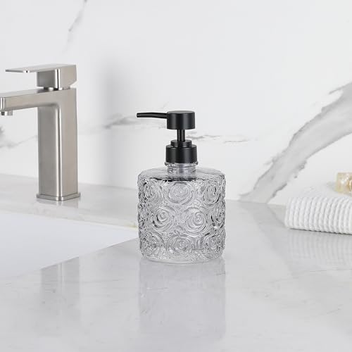 Marcella Glass Soap Dispenser with Soap Pump, Refillable 14 Ounce Capacity, Floral Design Rose Patterns, Heavy Weight Thick Glass for Bathroom, Premium Kitchen Soap Dispenser Gray - color: Gray
