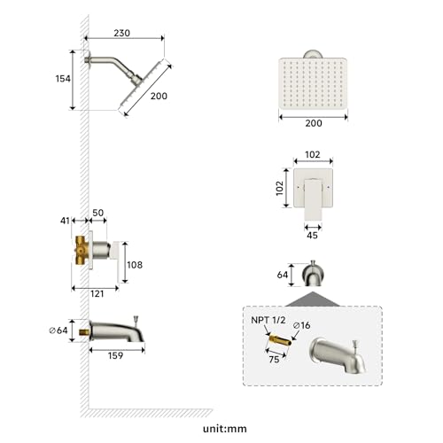 SunCleanse Tub Shower Faucet Set with Pressure Balance Valve, 8-Inch Rain Shower Head and Tub Spout, Single-Handle Shower Trim Kit, Shower Head and Handle Set for Bathroom, Brushed Nickel - color: Brushed Nickel