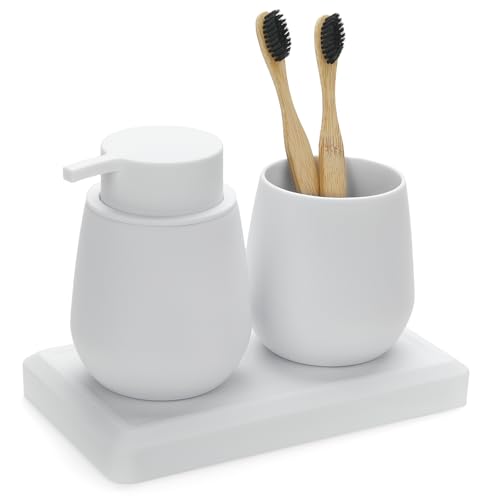 Bathroom Accessories Set, Modern 3 Pcs Bathroom Essentials - Soap Dispenser, Toothbrush Holder & Tray, Countertop Vanity Organizer (White) - color: White