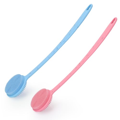 2 Pack Back Scrubber for Shower, 17in Lengthen Long Handle Body Brush, Double Sided Shower Brush for Shower Exfoliating and Massage Can Produce Rich Foam, Long Handle Back Scrubber for Men - color: 2pc-blue+pink