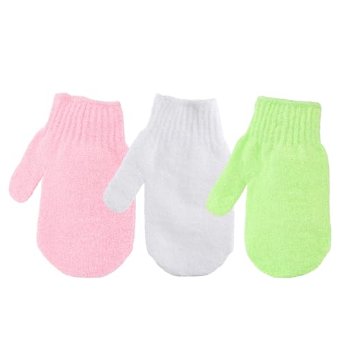 3Pcs Exfoliating Shower Gloves, Body Scrub Mitts for Daily Use, Gentle Bath Gloves (White Green Pink) - color: White&green&pink