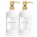 Vine Creations White Glass Soap Dispenser, 2 Pack Kitchen Soap Dispenser Set with Stainless Steel Pump, 16 oz Dish Soap and Hand Soap Dispensers for Bathroom with Waterproof Labels - color: Matte White Bottle / Brushed Gold Pump
