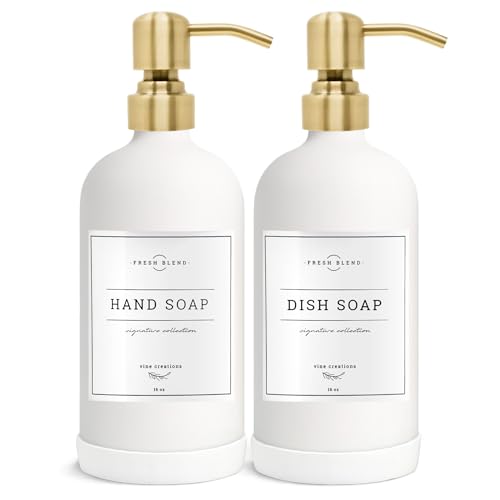 Vine Creations White Glass Soap Dispenser, 2 Pack Kitchen Soap Dispenser Set with Stainless Steel Pump, 16 oz Dish Soap and Hand Soap Dispensers for Bathroom with Waterproof Labels - color: Matte White Bottle / Brushed Gold Pump