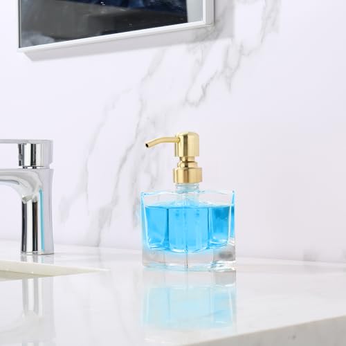 Square Bathroom Soap Dispenser Brushed Gold, Glass Bottles with Stainless Steel Pump 8.4 OZ Cube Liquid Soap Dispenser Hand Kitchen - color: Gold, size: 8.4oz-Square