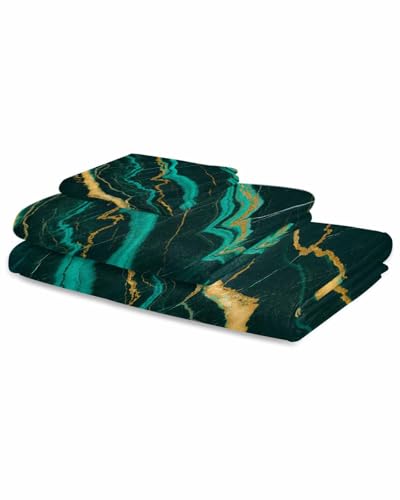 Marble Emerald Green Bathroom Towel Set,Microfiber Bath Kitchen Beach Hand Dish Towels Set,Modern Abstract Gold Art Quick Dry Luxury Soft Decorative Towels+Set Clearance Prime Bulk Accessories Decor