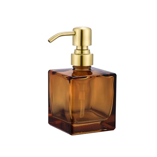Square Bathroom Soap Dispenser Amber Bottle with Brushed Gold Pump, Retangle Cube 8.4 oz Glass Bottles with Stainless Steel Pump Hand Liquid Soap Dispenser Kitchen - color: Amber and Brushed Gold, size: 8.4oz-Square