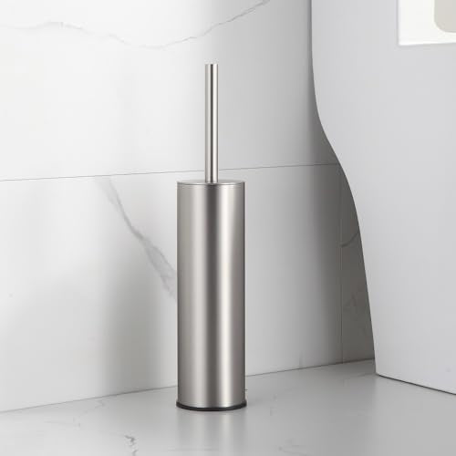 Toilet Brush and Holder Set Brushed Nickel Stainless Steel, 304 Heavy Duty Round Toilet Brush Set – Rust Resistant, Long Handle, Replacement Heads, Floor Standing Bathroom Toilet Cleaning - color: Brushed Nickel-round