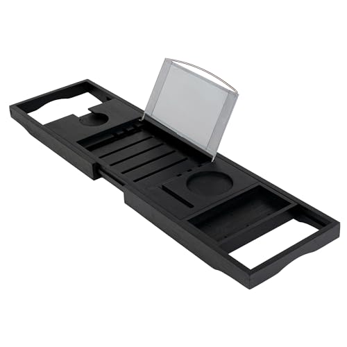 Utoplike Bamboo Bathtub Tray Caddy, Black Bath Tray Table for Tub, Adjustable Bathroom Organizer with Book Tablet Wine Glass Cup Towel Holder - color: Black