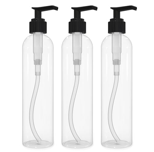 BRIGHTFROM Lotion Pump Bottles, Empty 8 OZ, BPA-Free Refillable Plastic Containers, Clear with Black Dispenser for - Soap, Shampoo, Lotions, Liquid Body Soap, Creams and Massage Oil (3 Pack) - color: Clear