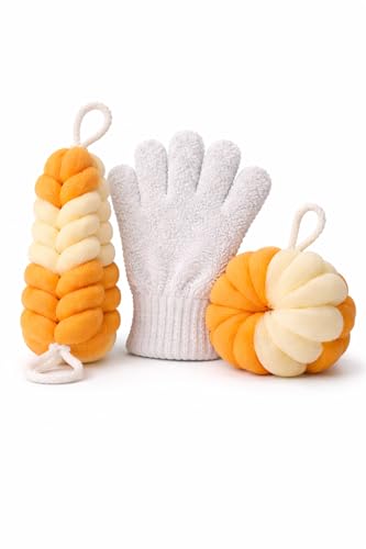 Ja'Kdrs Loofah and Exfoliating Glove Set, 2 Piece Bath Sponge Set (Orange & White) - color: Orange & White