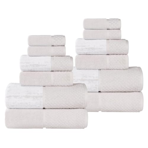 Superior Cotton Bathroom Towel Set, Plush Absorbent, 12 Piece, Stone White | Soft Quick Dry, Bathroom Essentials, Jacquard & Solid Pattern Assorted Towels, 4 Bath, 4 Hand, 4 Face Towel, Lodie Collection - color: Stone-white, size: 12 Piece Towel Set (Jacq