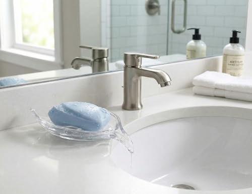 Self Draining Leaf Clear Glass Soap Dish,Bar Soap Holder | Decorative Leaf shape Soap Dish for Shower,Soap Tray,Soap Holder for Bathroom Sink,Vanity&Kitchen,Modern Bathroom Accessory.