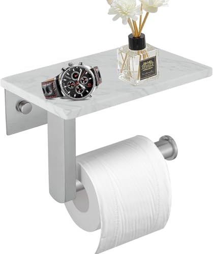 BWE Brushed Nickel Toilet Paper Holder with Marble Shelf, Toilet Paper Roll Holder Wall Mounted, Toilet Paper Roll Holder with Phone Shelf 304 Stainless Steel Tissue Holder for Bathroom Washroom - color: Brushed Nickel