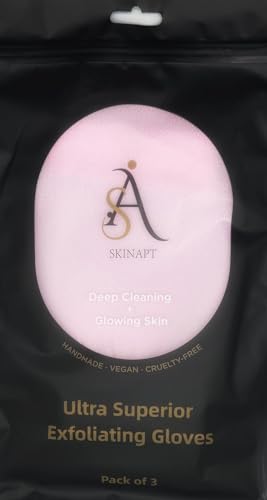 SkinApt Exfoliating Mitts for Bath and Shower – Heavy Duty Exfoliating Body Scrubber for Massage and Dead Skin Removal for Body – 3 Mitts in Pink, Black, and Ocean Blue Colors