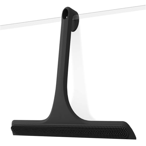 2-in-1 Silicone Shower Squeegee with Hook,Dual-Sided Design with Scraper & Scrub Surface,Rust-Proof Stainless Core,Streak-Free Bathroom Squeegee for Glass Doors,Mirrors,Windows,Car Windshields (Black) - color: Black